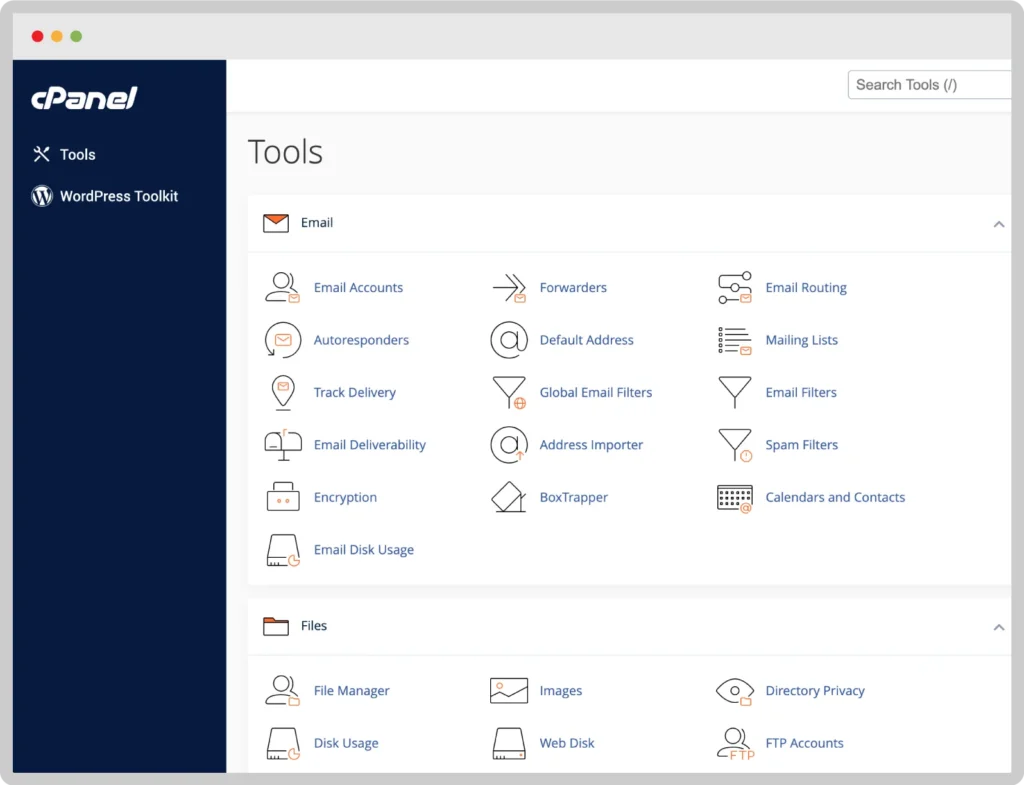 cPanel server management dashboard
